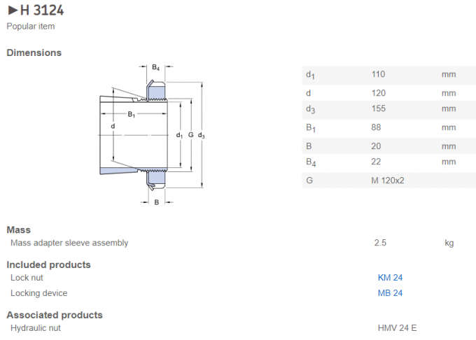 Mangas métricas del adaptador de H3124 H3126 H3128 con la tuerca de fijación para el rodamiento de rodillos esférico 0
